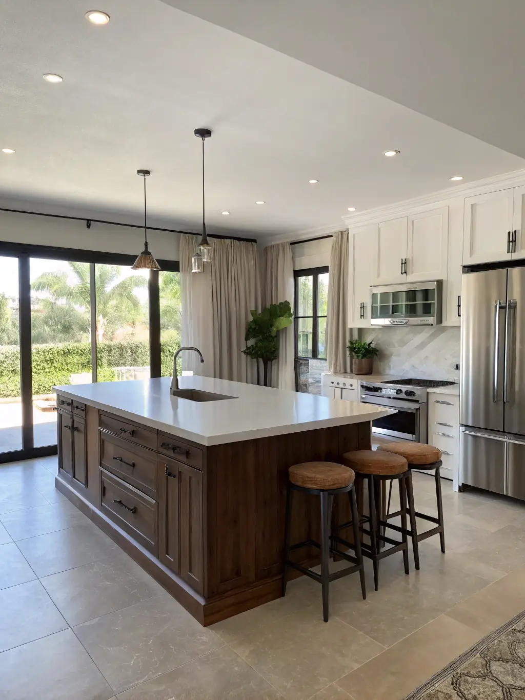 A brightly lit, modern kitchen with stainless steel appliances and a large island, representing a renovated space that enhances daily living and adds value to a home.