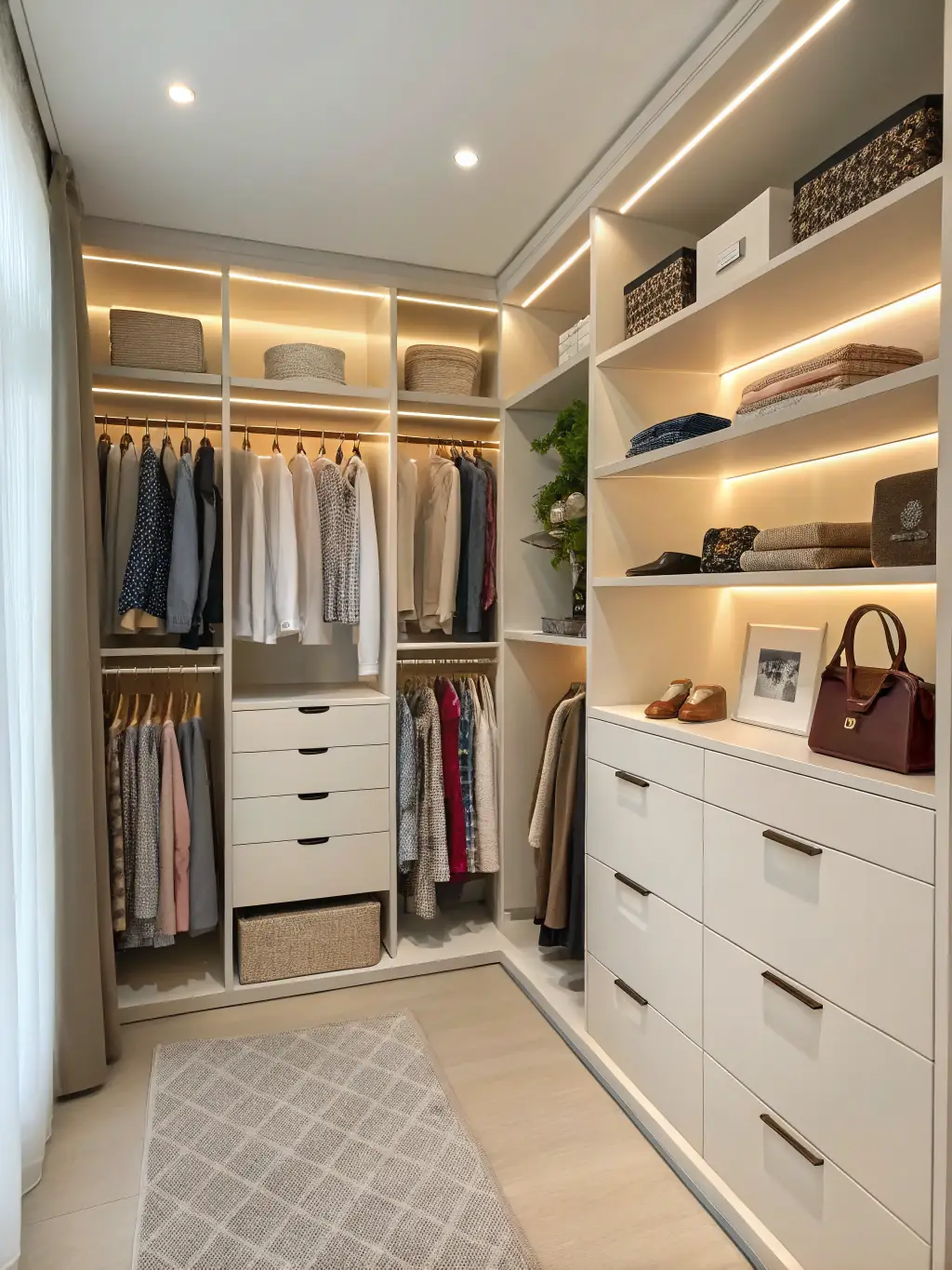A well-organized and decluttered closet with custom shelving and storage solutions, representing a space that promotes efficiency and peace of mind.