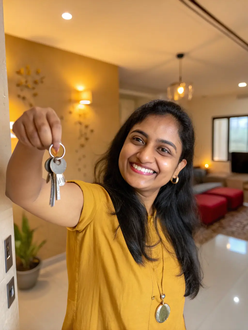 A homeowner smiling confidently while holding keys to their sold home, symbolizing the success and control EverHome offers in private sales.
