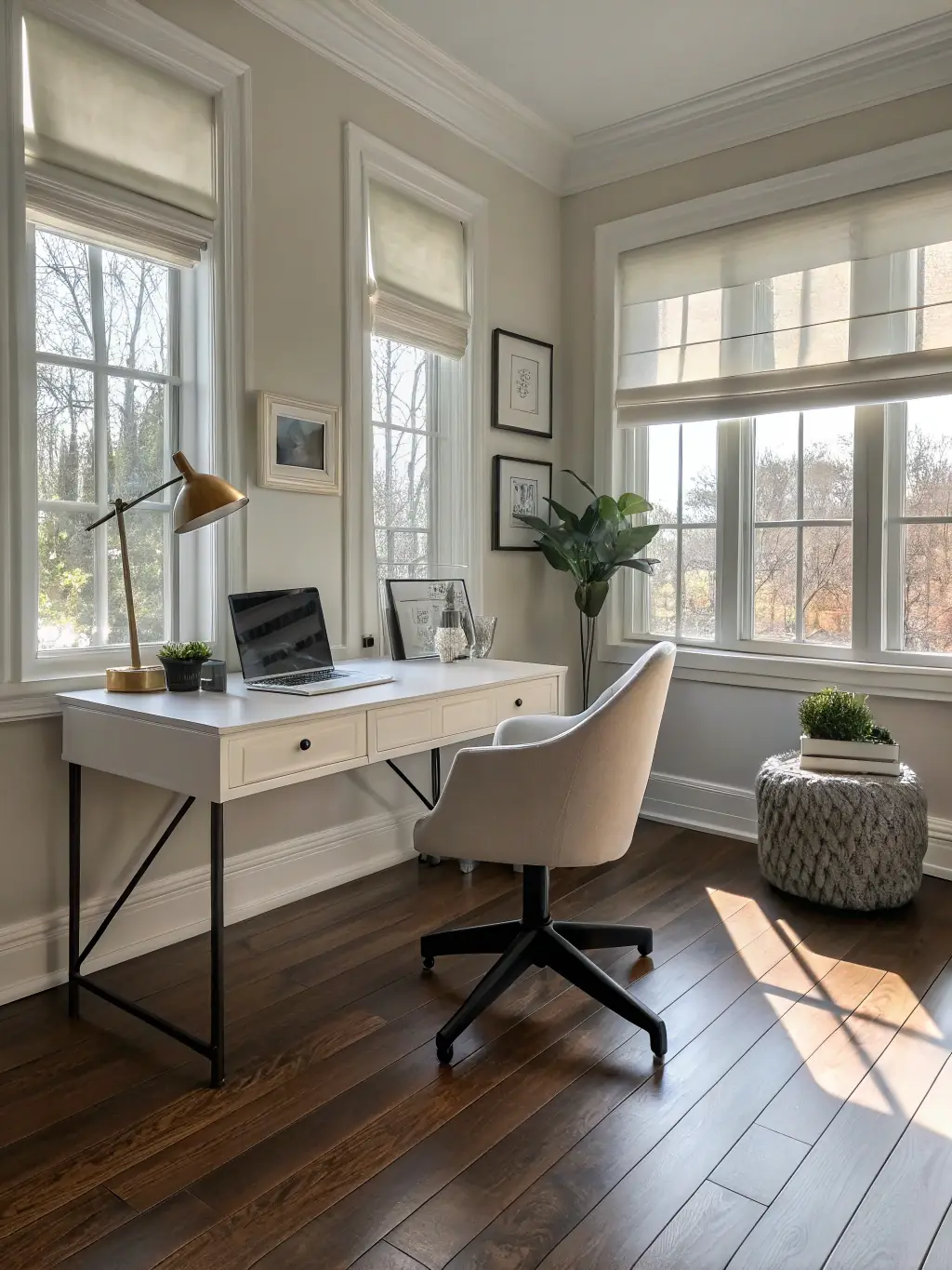 A serene, minimalist home office setup with natural light, plants, and ergonomic furniture, symbolizing a space conducive to productivity and well-being.