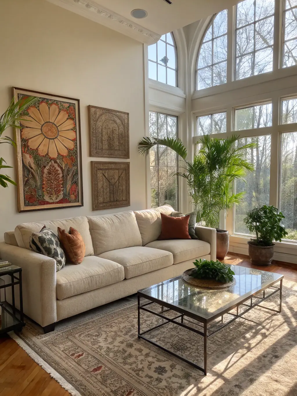 A vibrant, art-filled living room with unique decor and comfortable seating, showcasing a space that inspires creativity and self-expression.