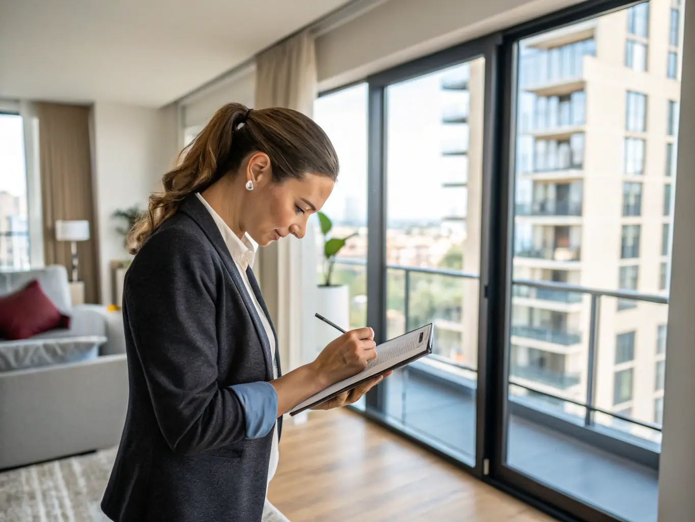 A real estate agent conducting a thorough property evaluation, taking notes and using a tablet to record details, with a focus on assessing the home's value and potential.