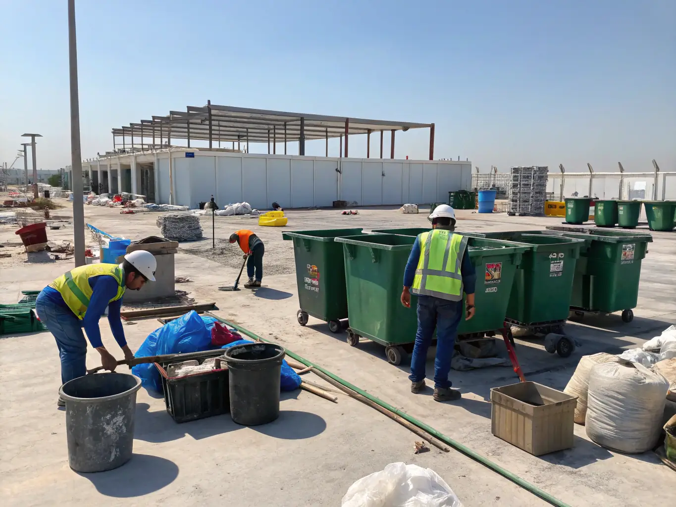 A construction site with debris neatly organized and ready for removal, highlighting the efficiency and safety of the service.